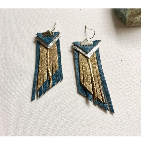 Western  Fringe Dark turquoise dark gold boho leather fringe statement earrings - Picture 2 of 10